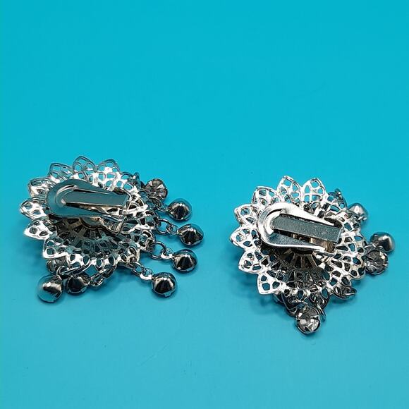 Vintage Waterfall Rhinestone Filigree Clip-On Earrings Tassel Dangle - Picture 8 of 9